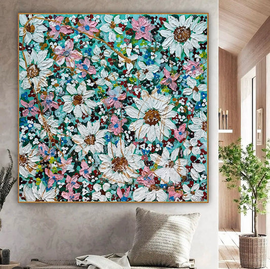 Original Abstract Oil Painting On deep edge Canvas 100x100cm Daisies & more Flowers Textured