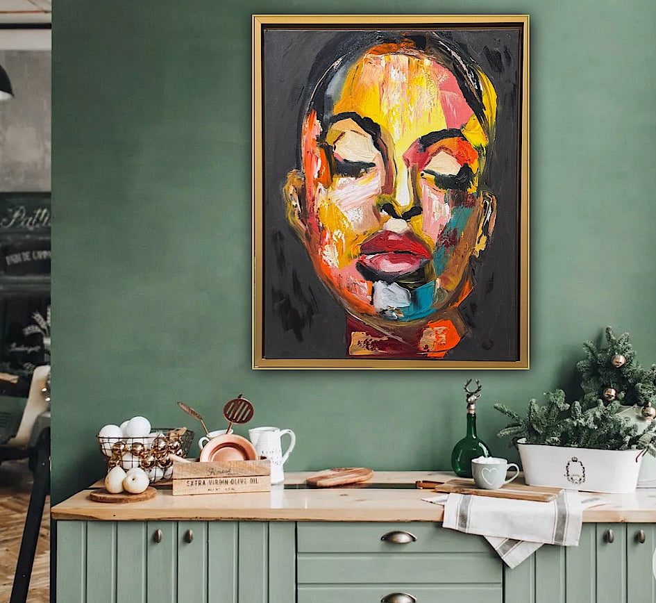 Framed in gold bronze Original Abstract Oil Painting On Canvas 57 x45cm The Beauty Queen’ Girl Oka portrait