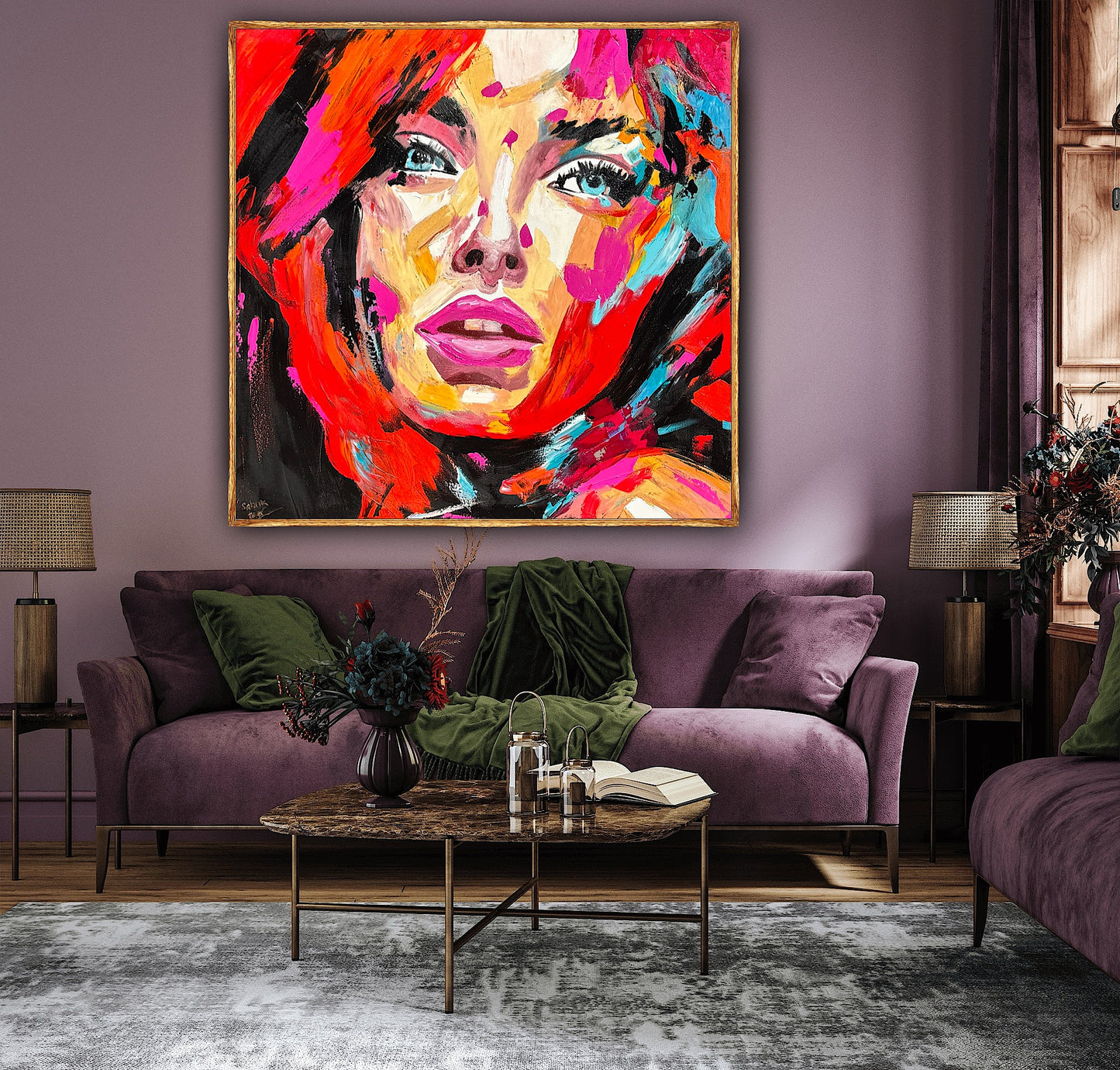 Richter Style Abstract Original Oil Painting On 100 x 100cm canvas Red head woman portrait