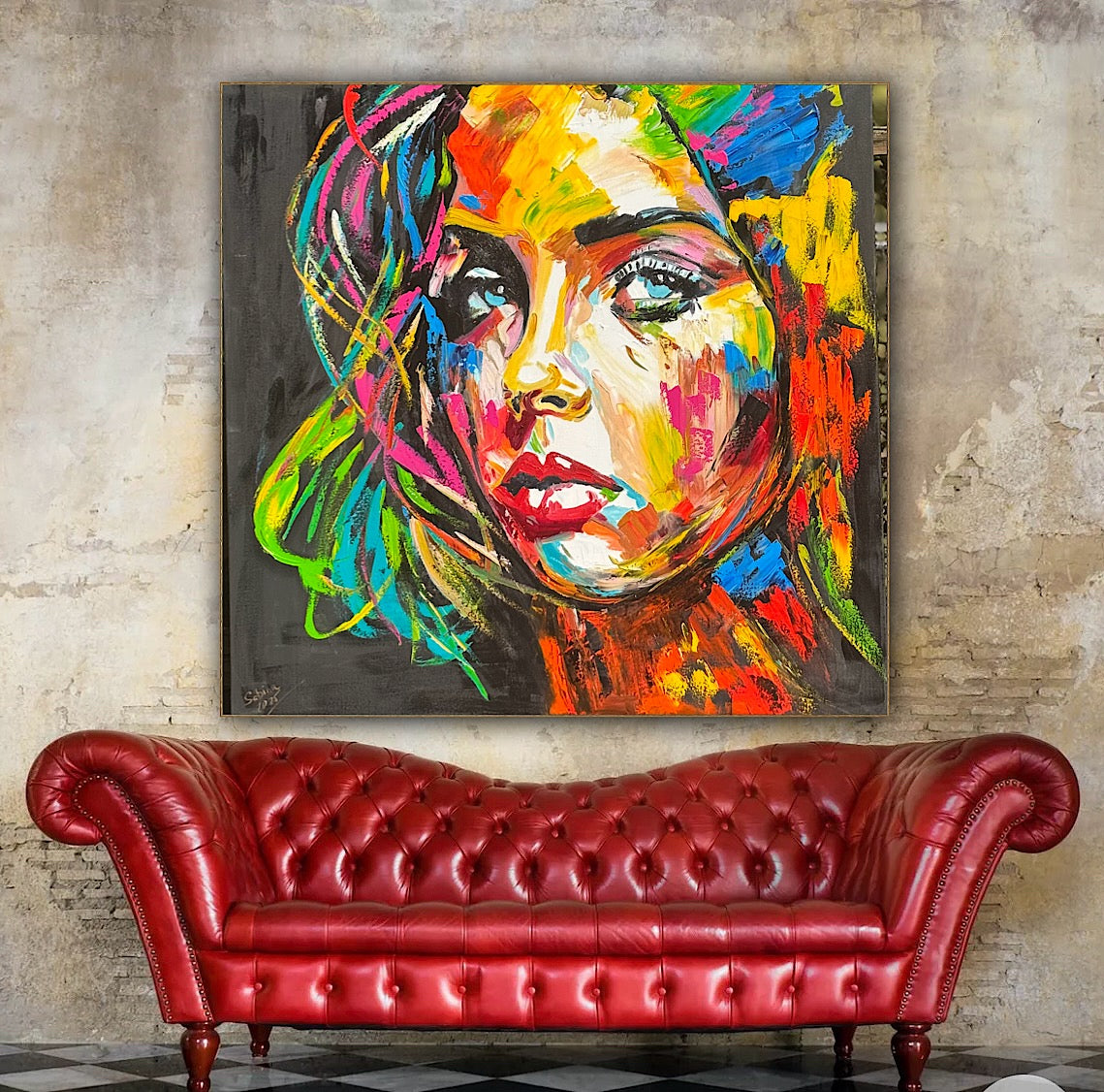 Modern Style Abstract Original Oil Painting On 100 x 100cm canvas Pillow talk woman portrait framed in black and gold frame