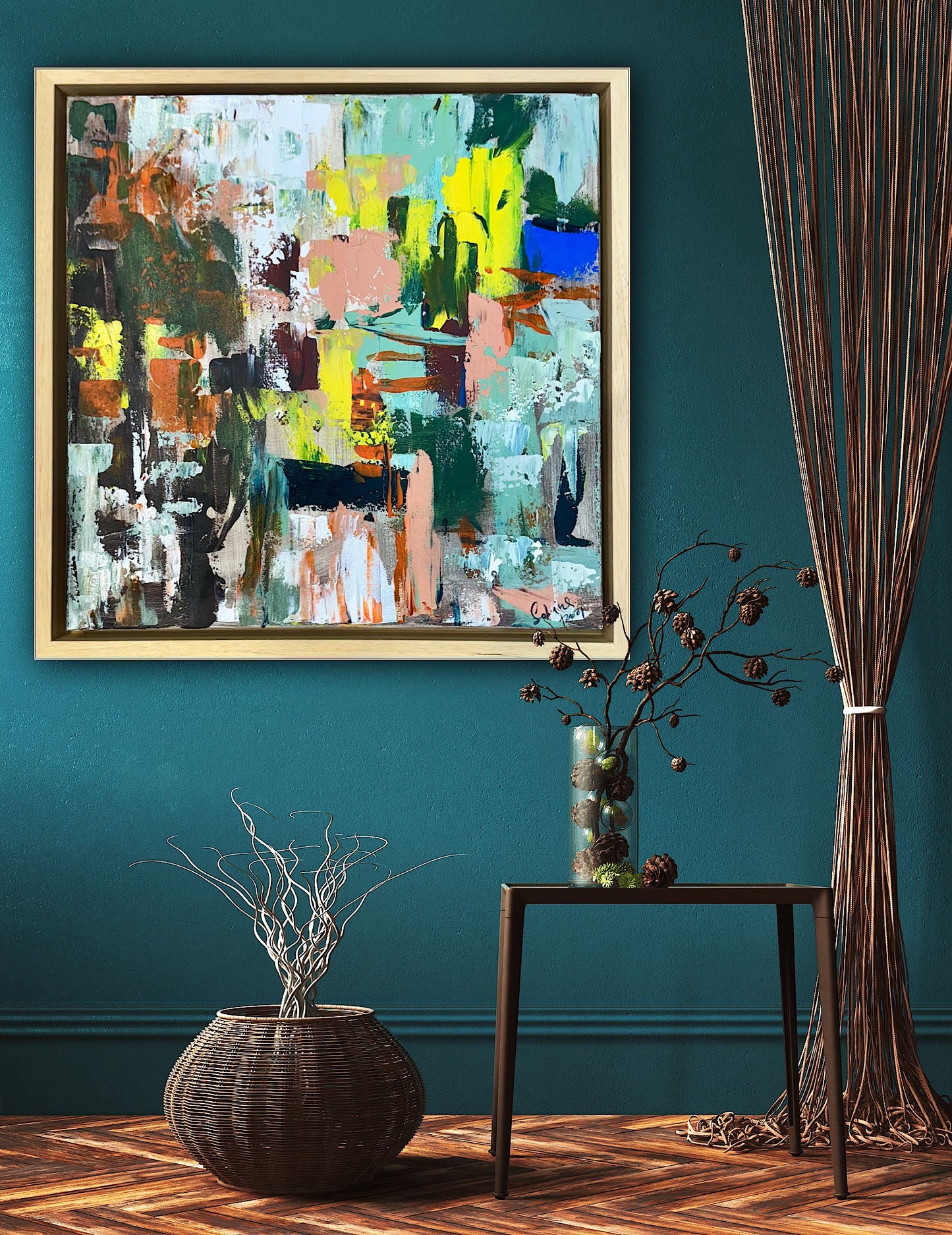 Framed Original Abstract Oil Painting On Canvas 52 x 52cm city lights Oka