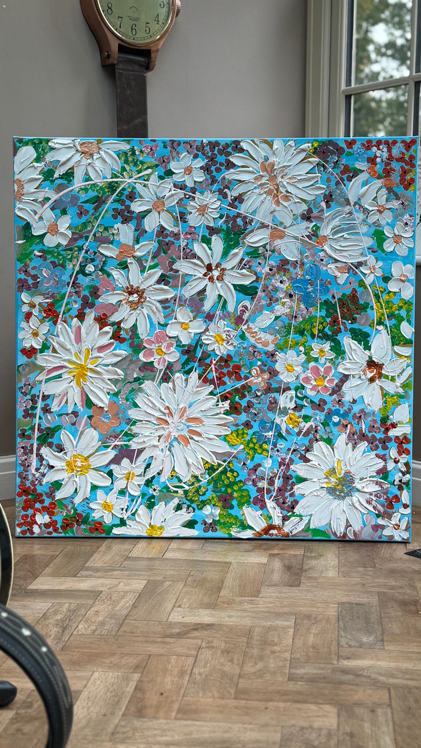 Original Abstract Oil Painting On Canvas 90 x 90cm Flowers in bloom textured framed