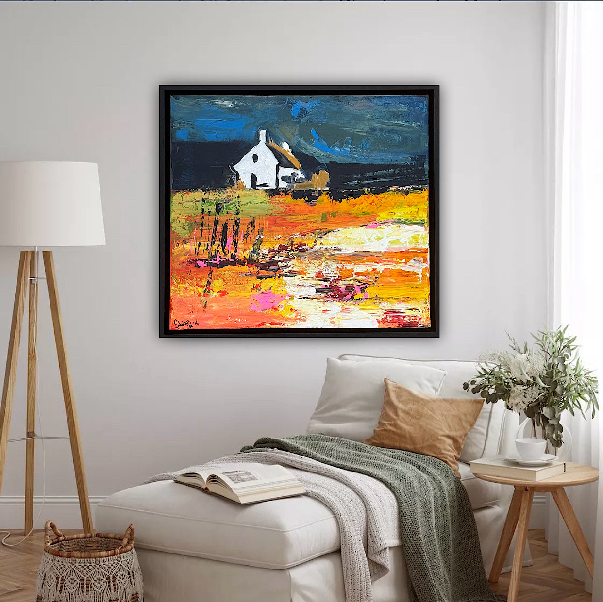 Framed Original Abstract contemporary Oil Painting On Canvas 43x40cm Magazine Irish House on a Hill Oka