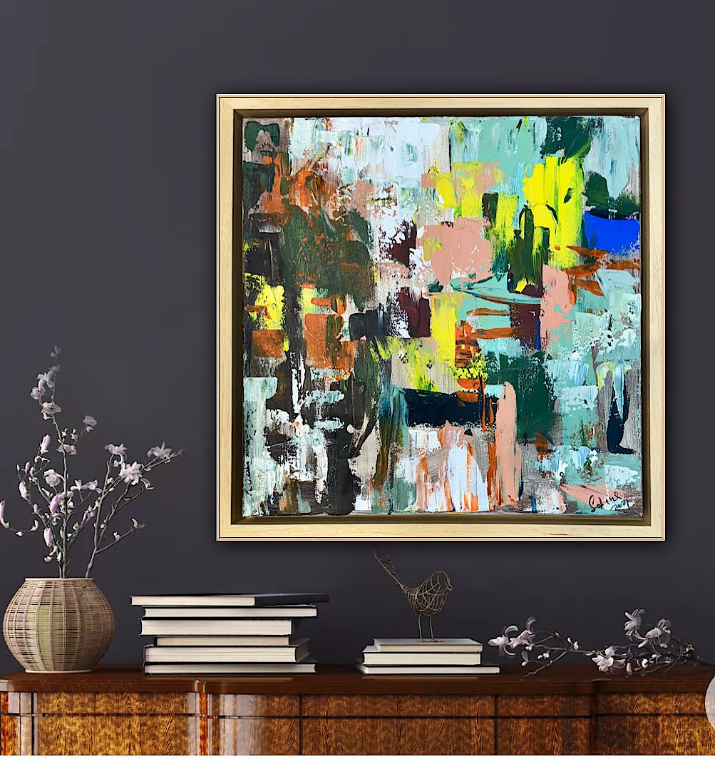 Framed Original Abstract Oil Painting On Canvas 52 x 52cm city lights Oka