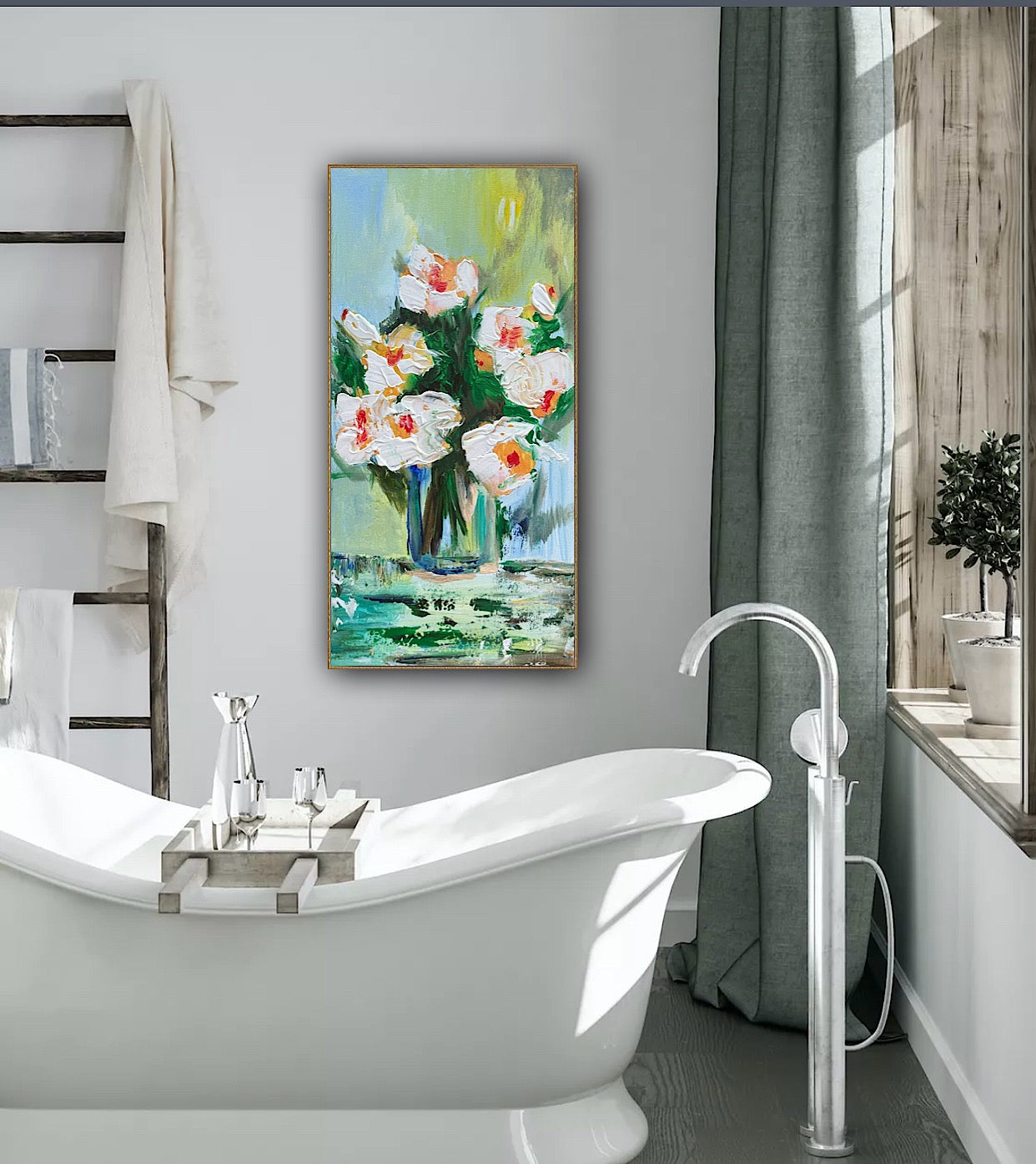 Oka Contemporary Abstract Original Oil Painting on 30cm x 60cm canvas textured White Roses floral love