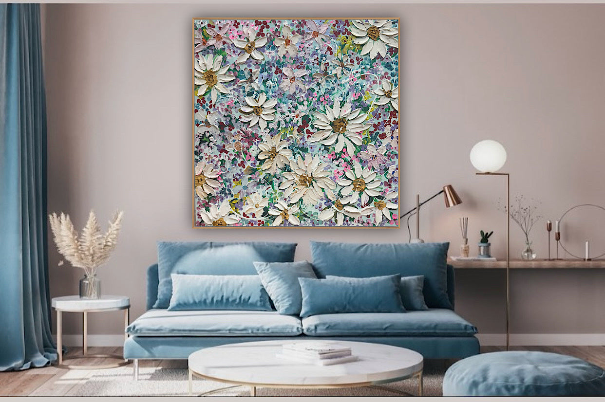 Original Abstract Oil Painting On deep edge Canvas 80x80cm Summer Flowers and more Flowers Textured