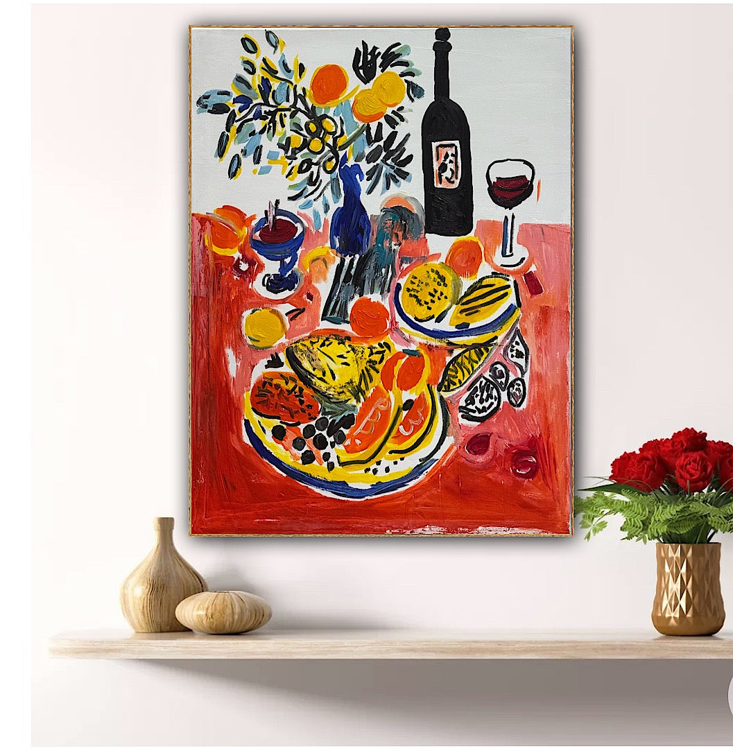 Renour Abstract Original Oil Painting On 80x60cm canvas Wine and Fruit