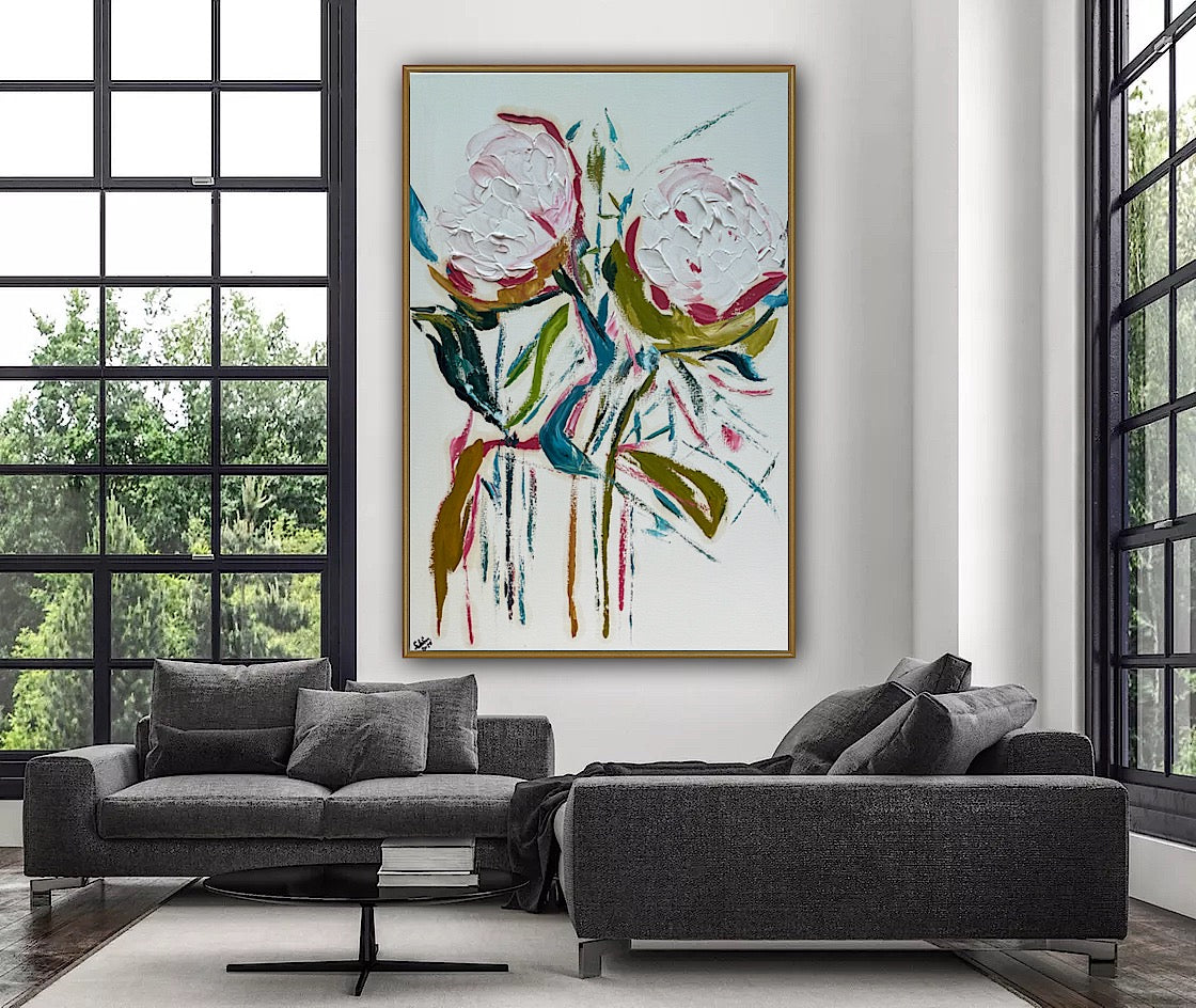 Oka Design Contemporary Abstract Original Oil Painting On 90 x 60cm Canvas Peonies floral
