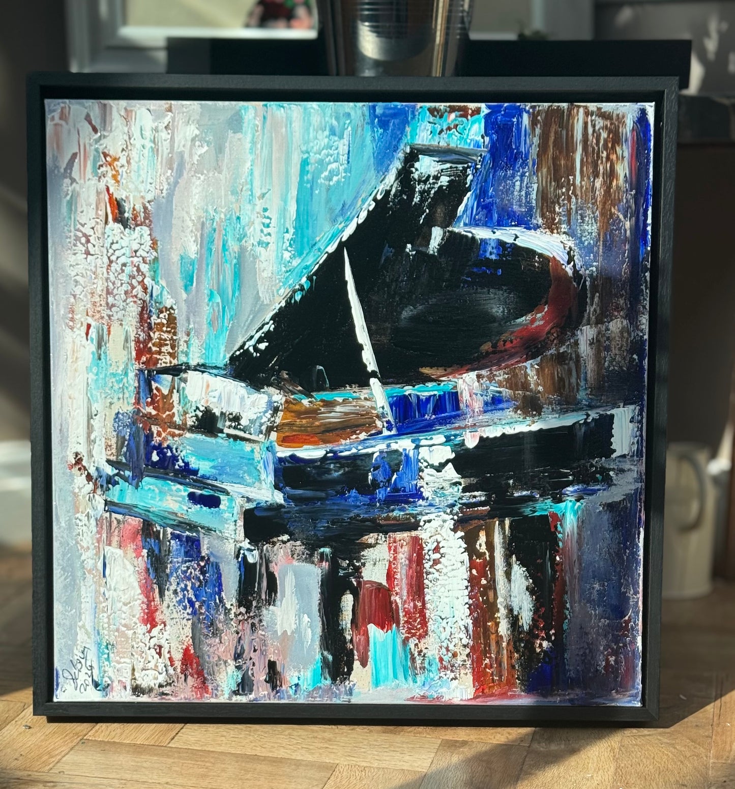 Framed in black Textured Original Abstract Oil Painting On Canvas 55x55cm Black Grand Piano