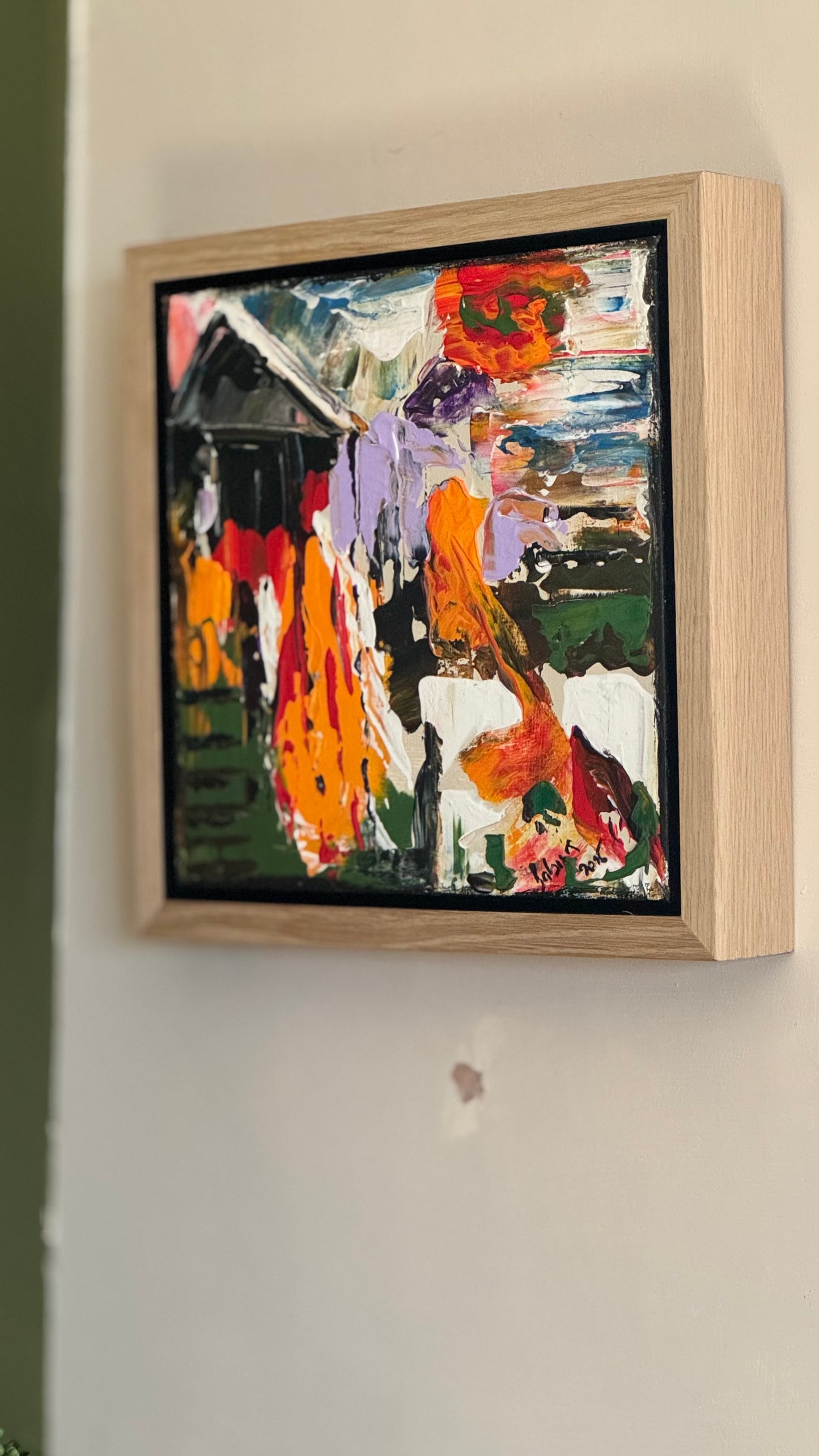Framed Original Abstract contemporary Oil Painting On Canvas 30 x 30cm House on a Hill Oka