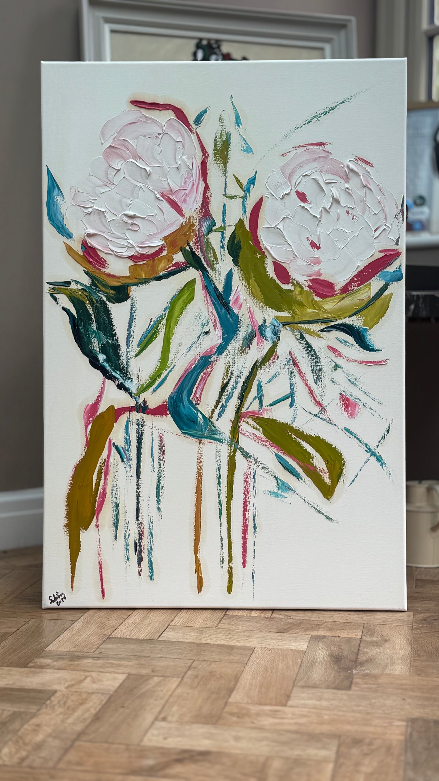 Oka Design Contemporary Abstract Original Oil Painting On 90 x 60cm Canvas Peonies floral