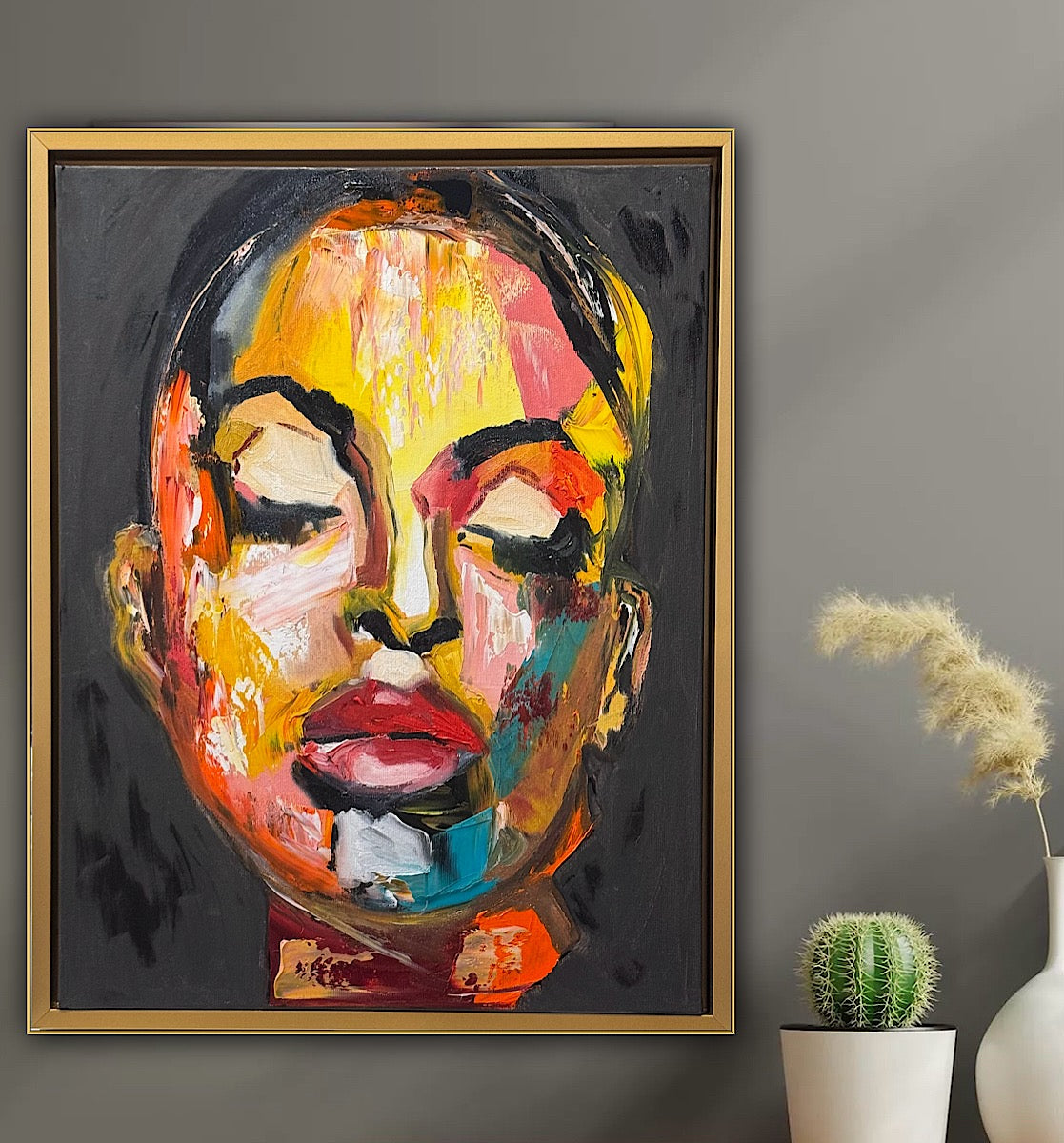 Framed in gold bronze Original Abstract Oil Painting On Canvas 57 x45cm The Beauty Queen’ Girl Oka portrait