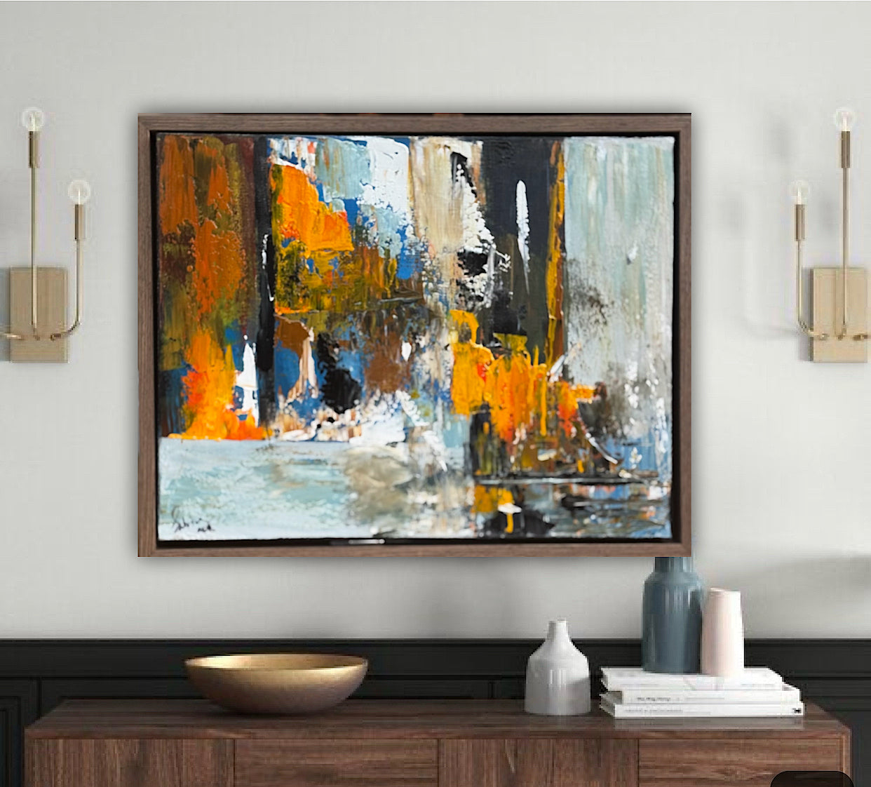 Framed Original Abstract contemporary Oil Painting On Canvas 60x50cm London Dusk Oka