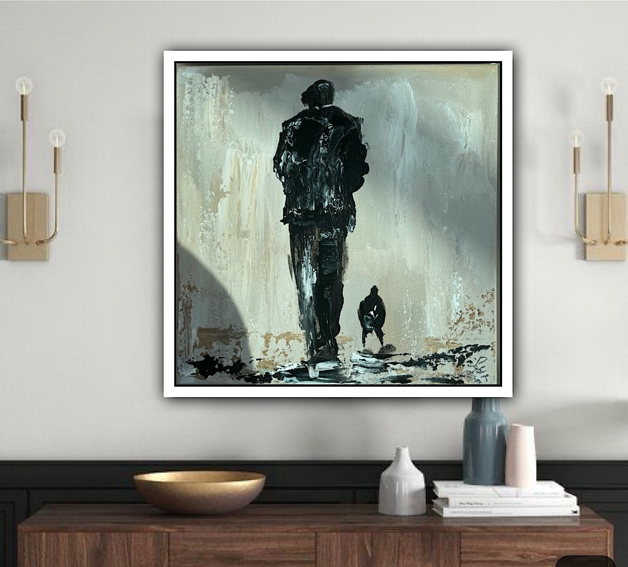 Oka Contemporary Abstract Original Oil Painting on canvas 33 x 33cm textured Pals man with a dog