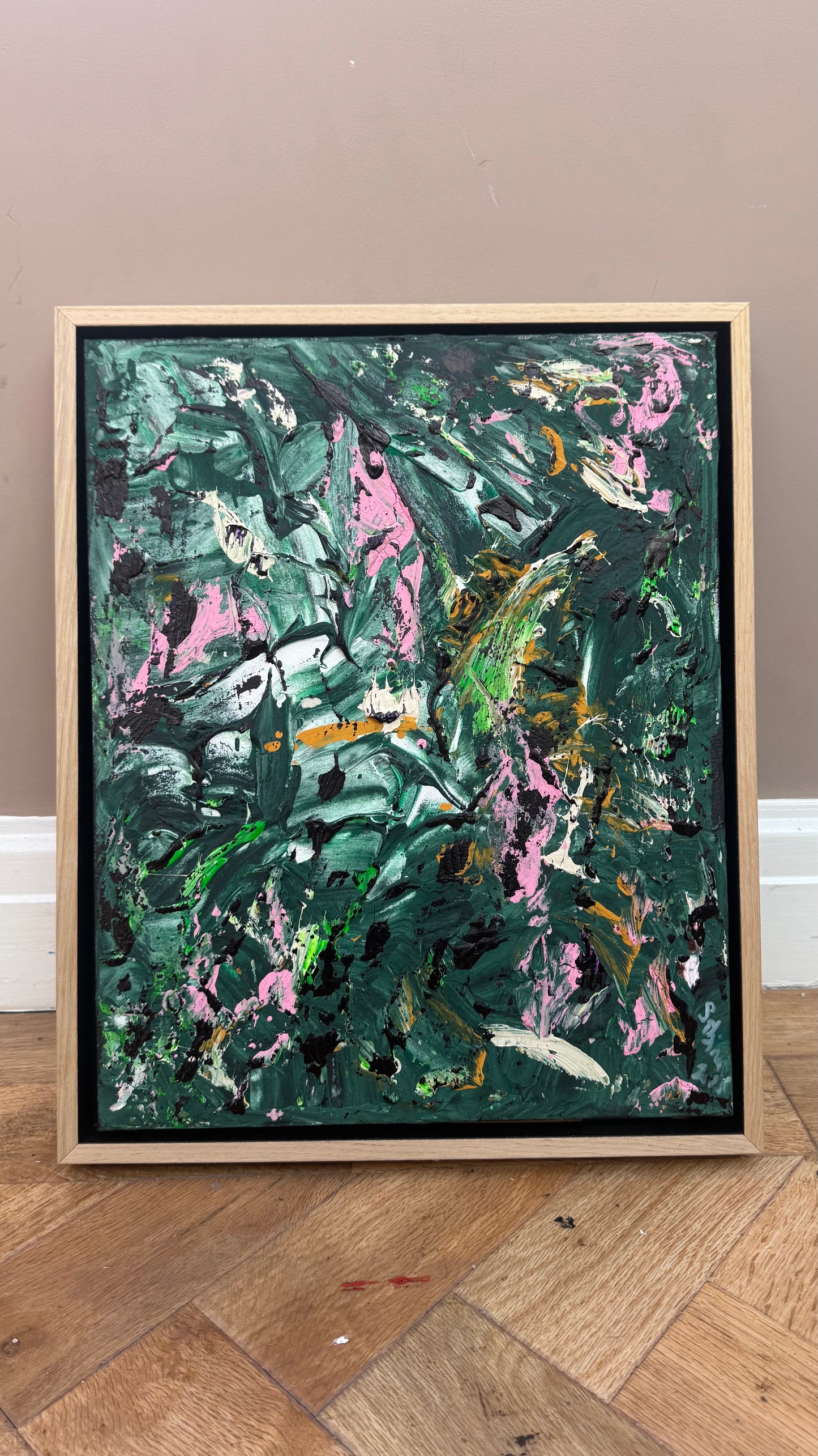 Framed in oak Original Abstract contemporary Oil Painting On Canvas 40x33cm Orchard II Oka
