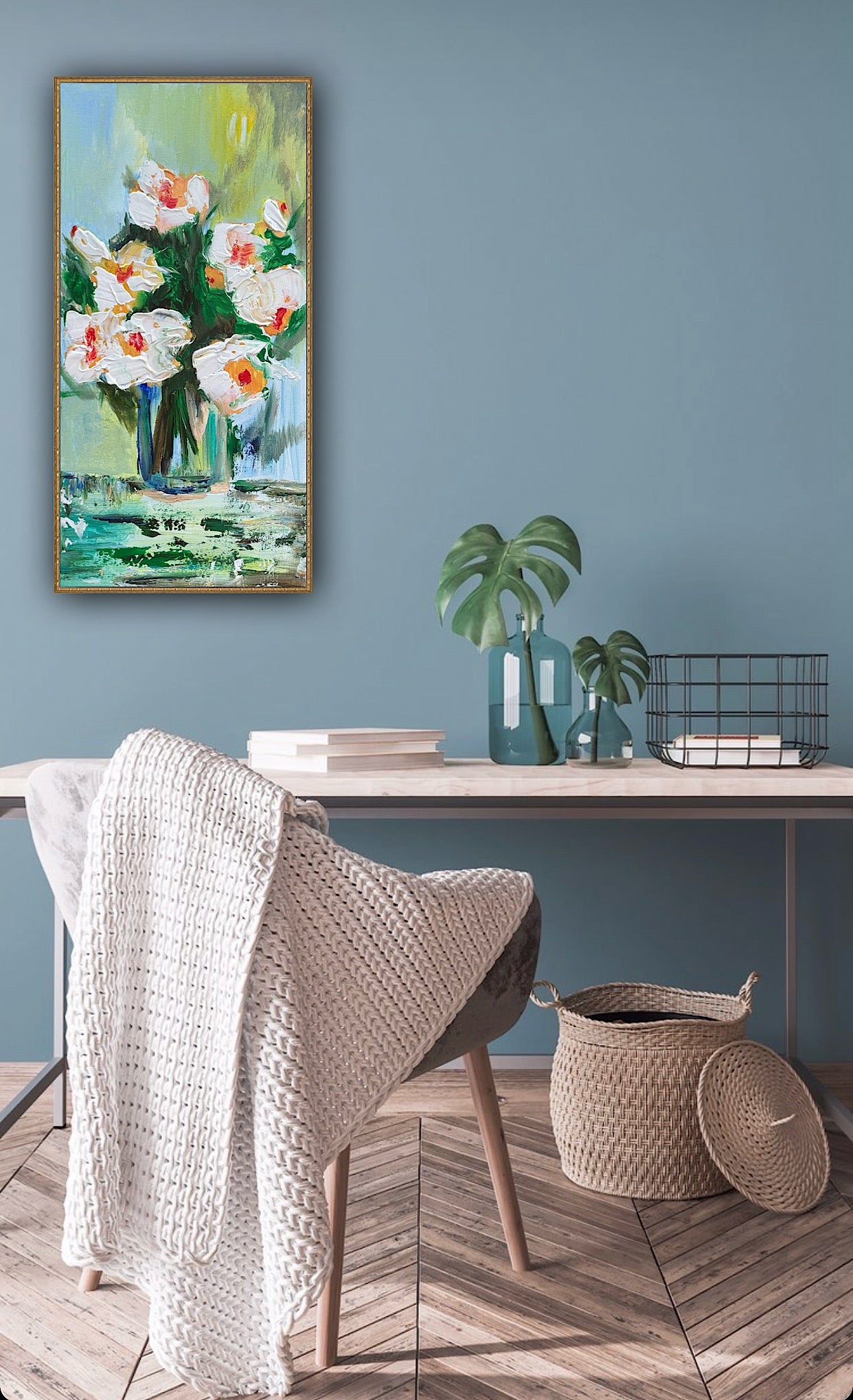 Oka Contemporary Abstract Original Oil Painting on 30cm x 60cm canvas textured White Roses floral love