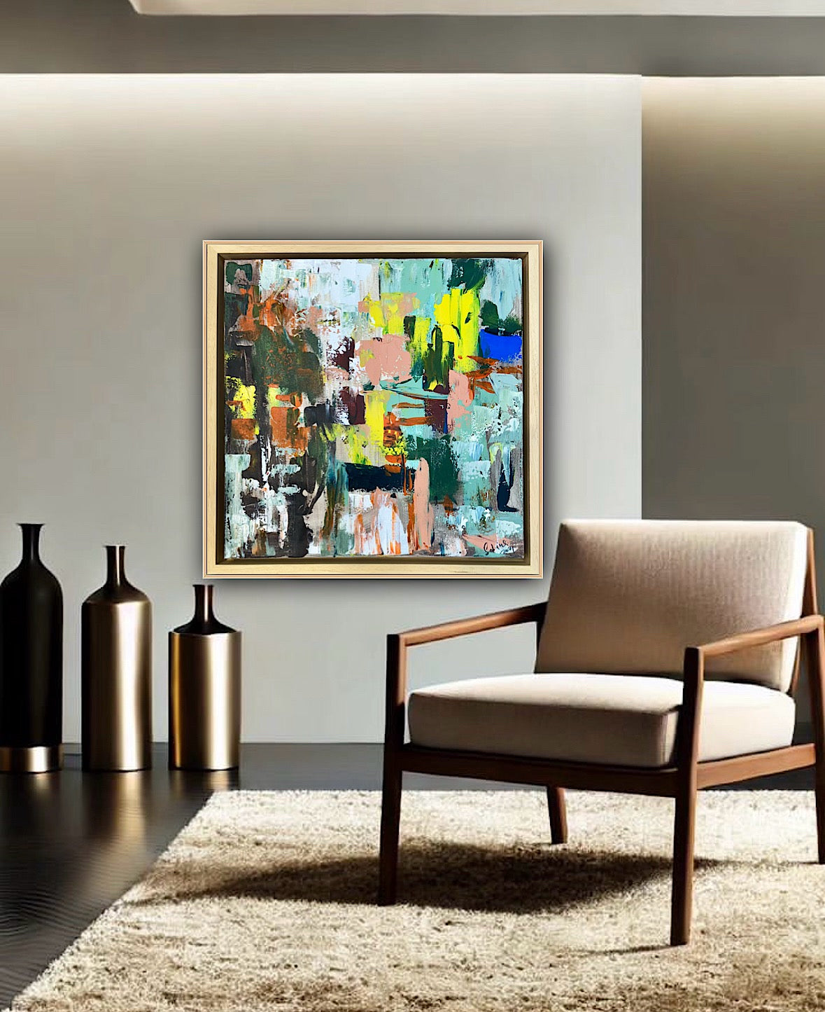 Framed Original Abstract Oil Painting On Canvas 52 x 52cm city lights Oka