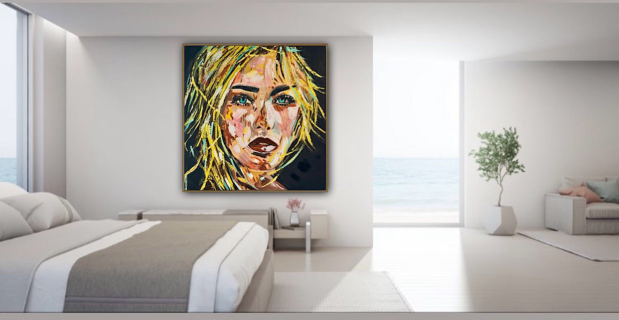 Contemporary Abstract Original Oil Painting On Canvas 90x90cm Blond girl ‘Luna’ woman’s portrait Framed