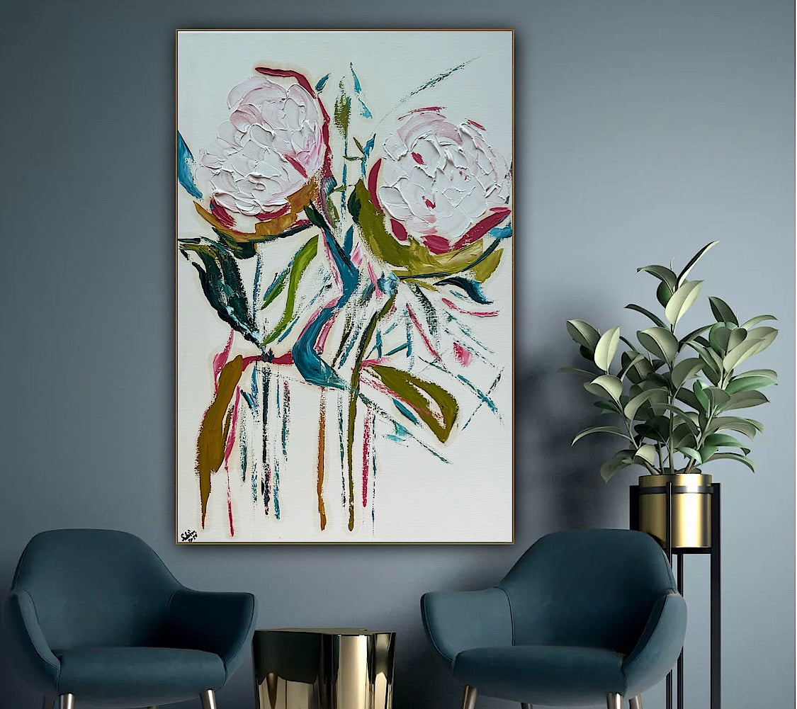 Oka Design Contemporary Abstract Original Oil Painting On 90 x 60cm Canvas Peonies floral