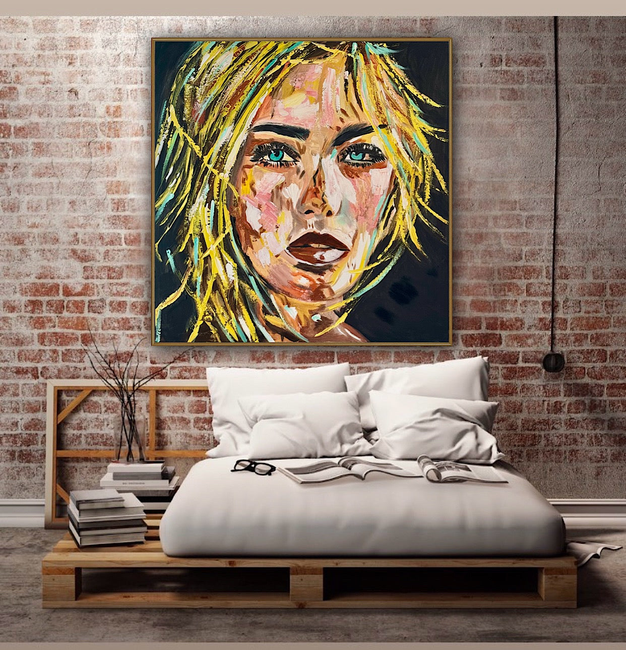 Contemporary Abstract Original Oil Painting On Canvas 90x90cm Blond girl ‘Luna’ woman’s portrait Framed