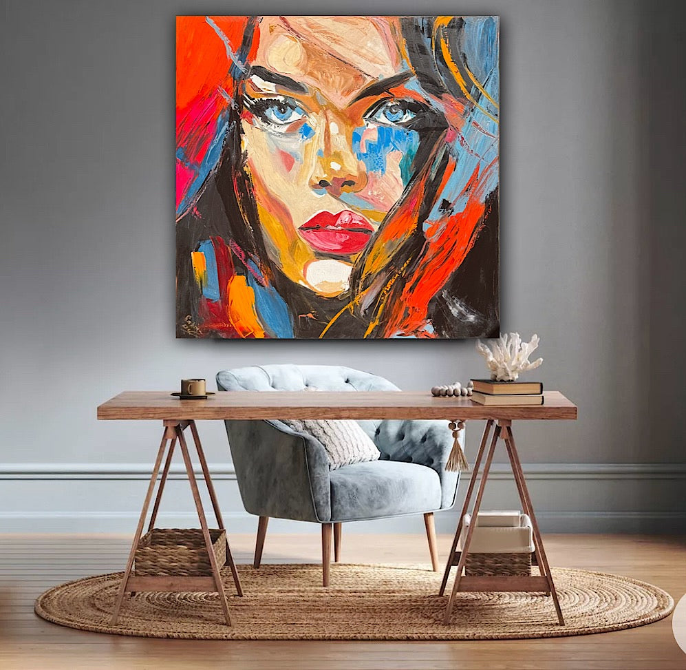 Richter Style Abstract Original Oil Painting On 100 x 100cm canvas Blue eyes woman portrait