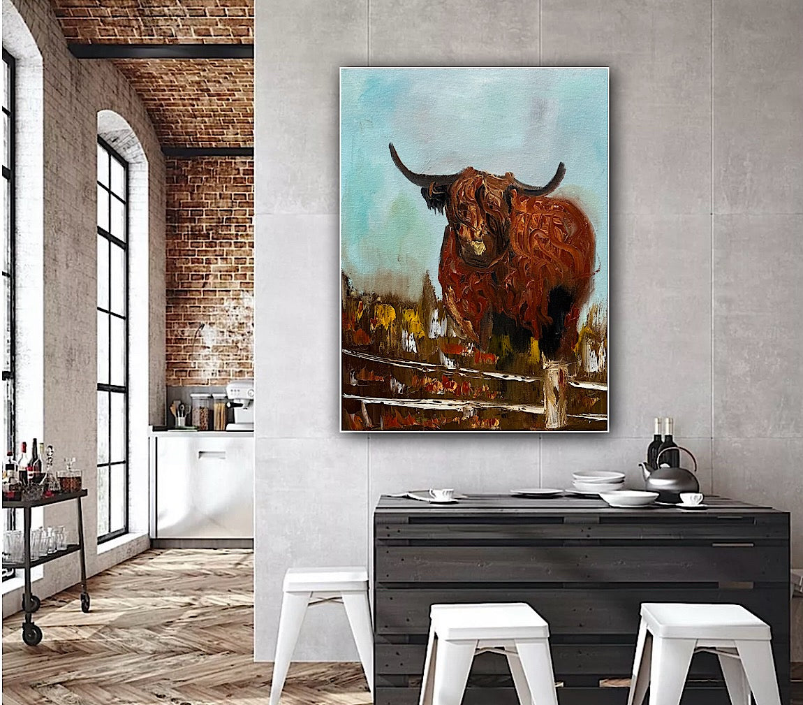 Abstract Original Oil Painting On 30 x 40cm Canvas Aboriginal highland cow ‘Bernie’ animal