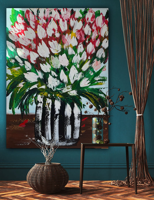 Large Abstract Original Oil Painting On 100x80cm canvas Flowers White Tulips III