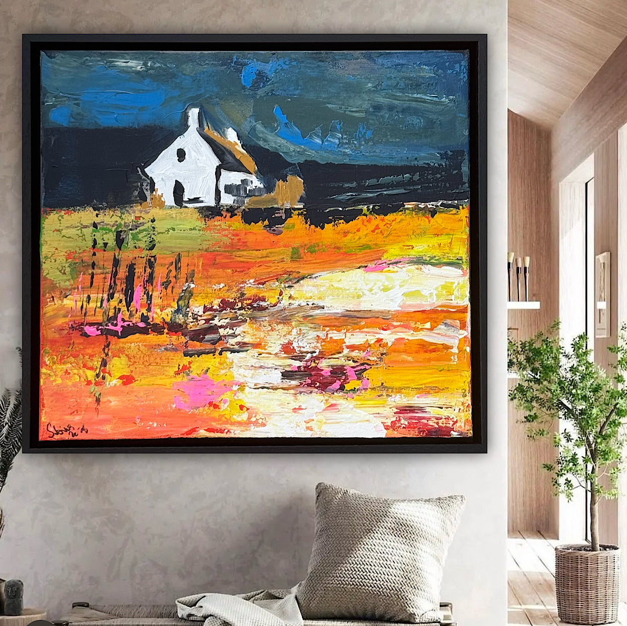 Framed Original Abstract contemporary Oil Painting On Canvas 43x40cm Magazine Irish House on a Hill Oka
