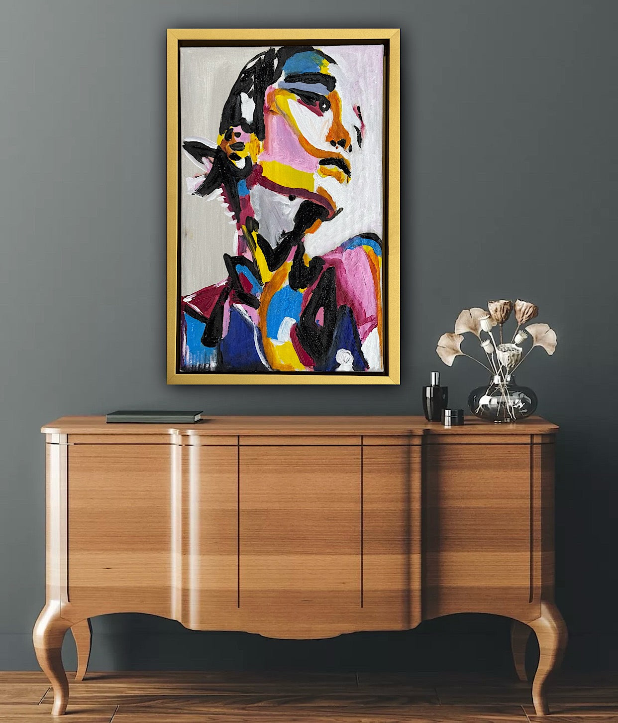 Framed in gold bronze Original Abstract Oil Painting On Canvas 36 x 24cm The Silent phoenix’ Girl Oka portrait