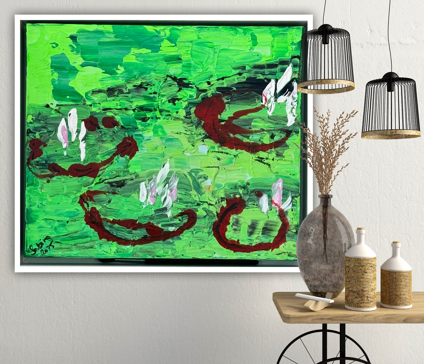 Framed Original Abstract contemporary Oil Painting On Canvas 36 x 33cm Lily Pond oka