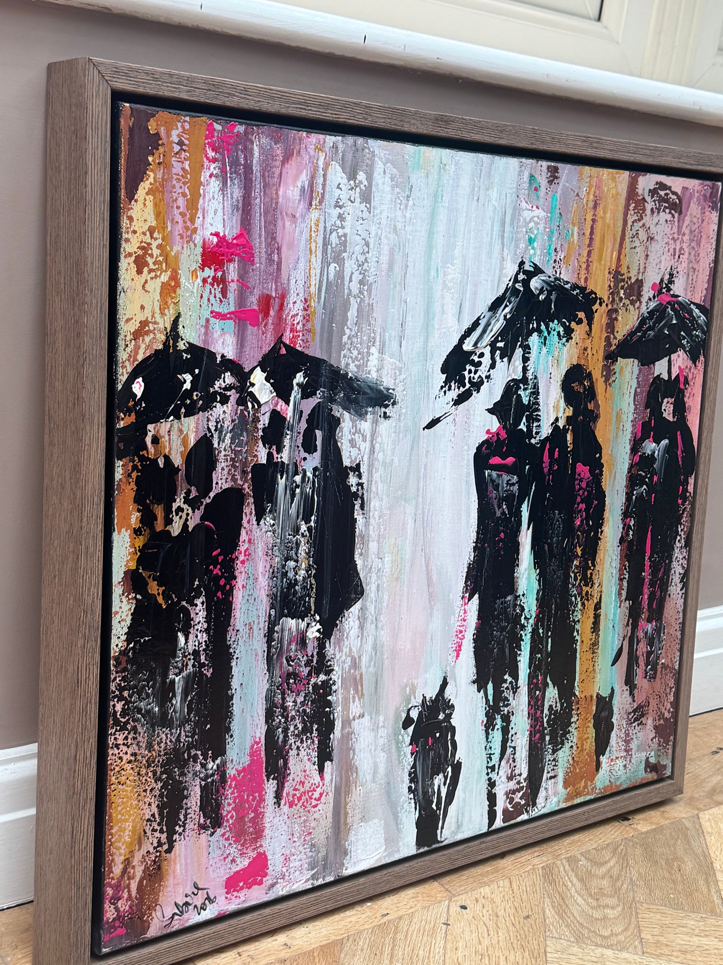 Original Abstract contemporary Oil Painting On Canvas 64cm x 60cm London in the Rain Framed in dark oak