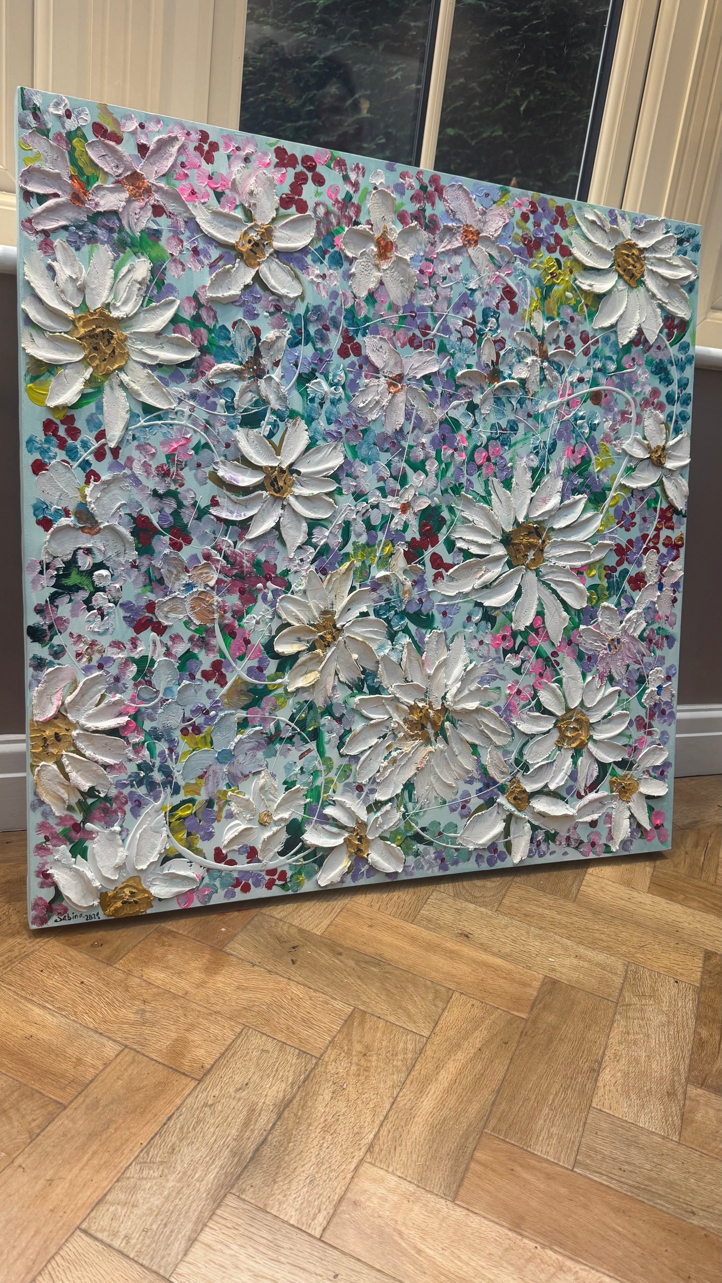 Original Abstract Oil Painting On deep edge Canvas 80x80cm Summer Flowers and more Flowers Textured