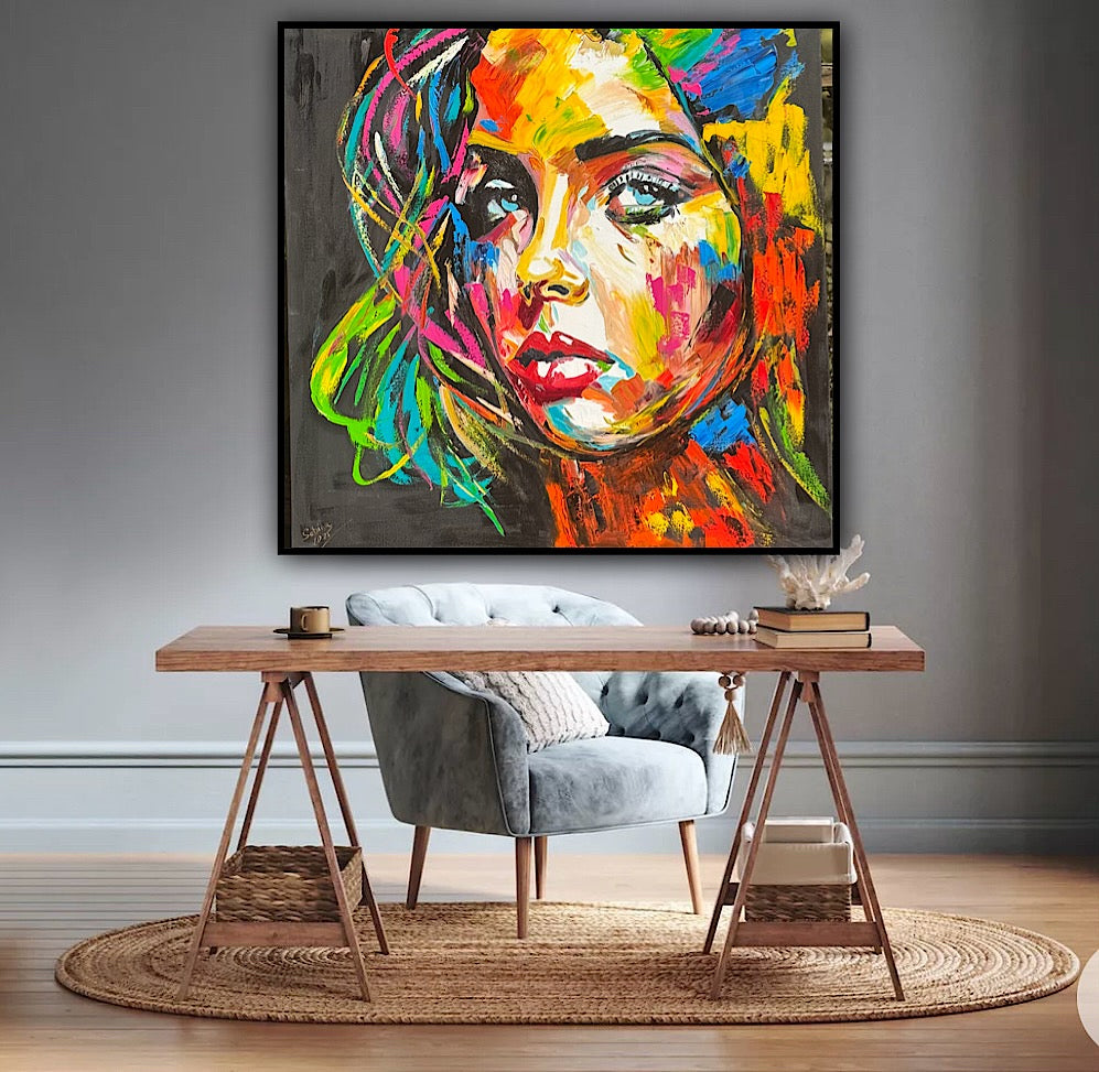 Modern Style Abstract Original Oil Painting On 100 x 100cm canvas Pillow talk woman portrait framed in black and gold frame