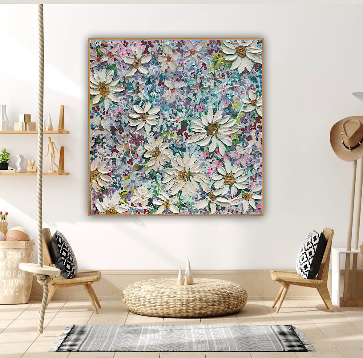 Original Abstract Oil Painting On deep edge Canvas 80x80cm Summer Flowers and more Flowers Textured