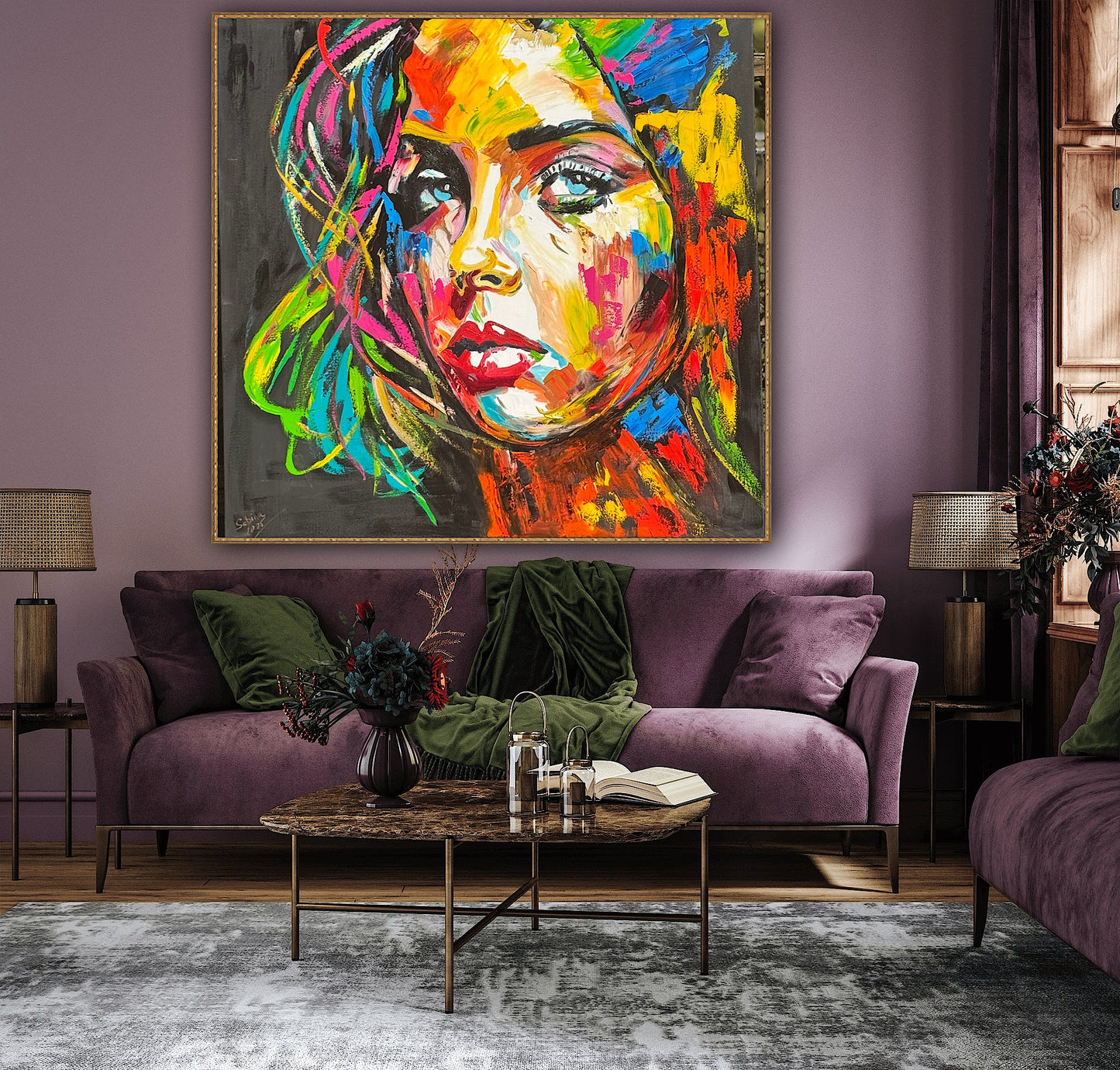 Modern Style Abstract Original Oil Painting On 100 x 100cm canvas Pillow talk woman portrait framed in black and gold frame