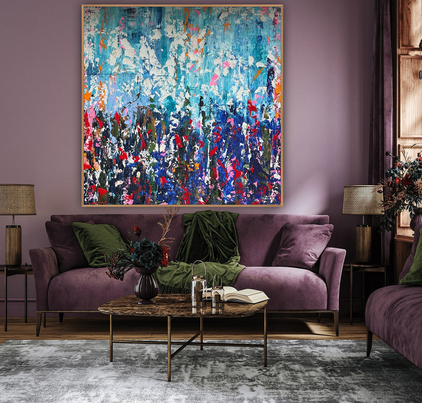 Large Abstract Original Oil Painting On 100 x100cm canvas textured Oka Wild reflections