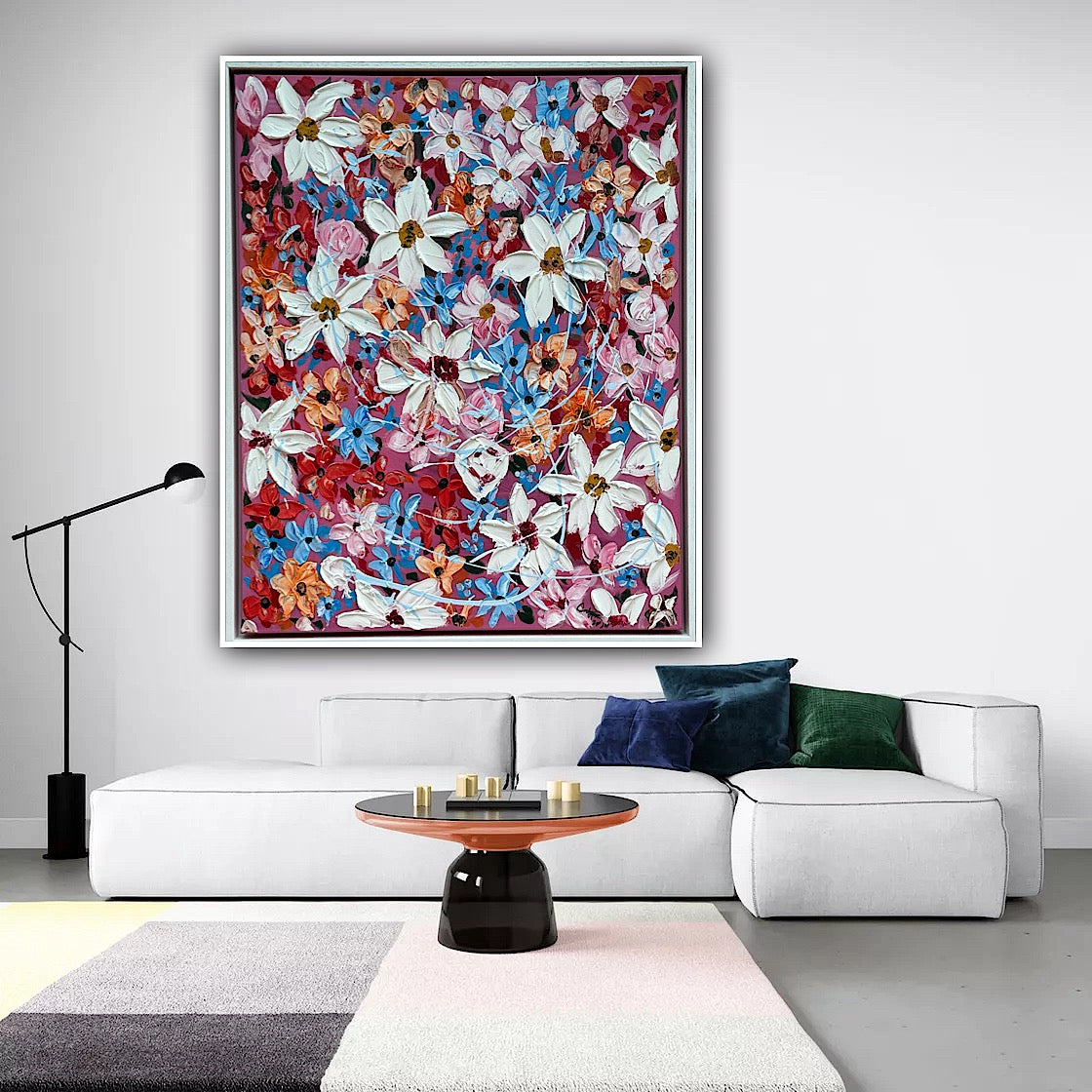 Original Abstract Oil Painting On Canvas 80 x 65cm Daisies in bloom textured framed