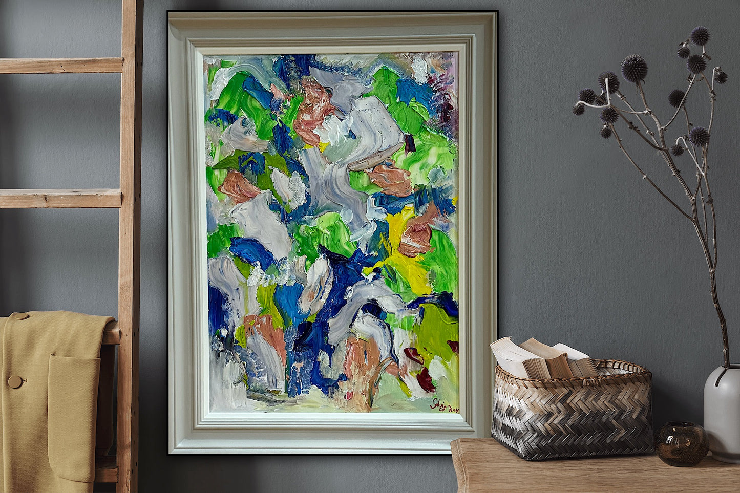 Framed Original Abstract contemporary Oil Painting On Canvas 52x70cm Floral Oka