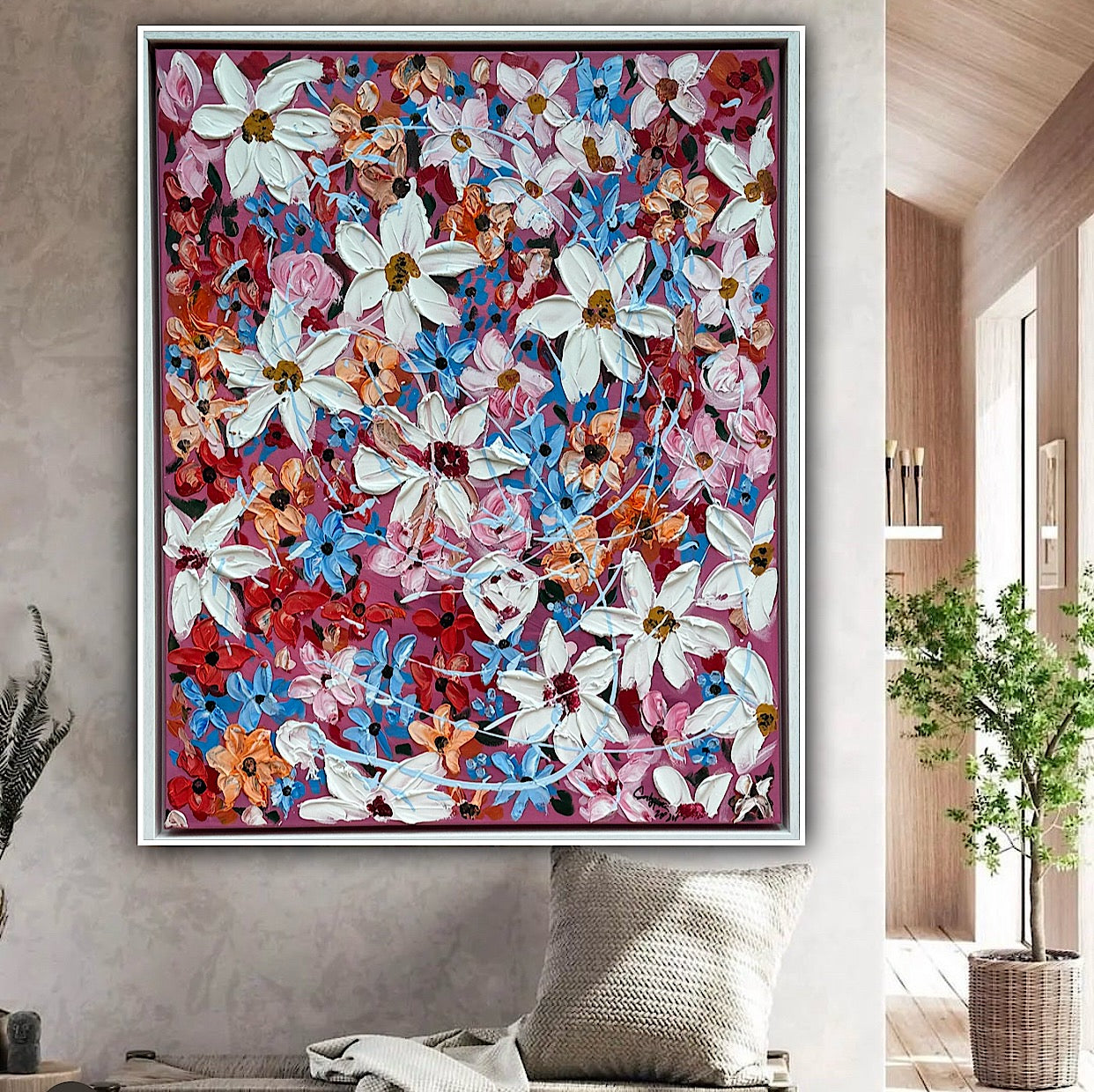 Original Abstract Oil Painting On Canvas 80 x 65cm Daisies in bloom textured framed