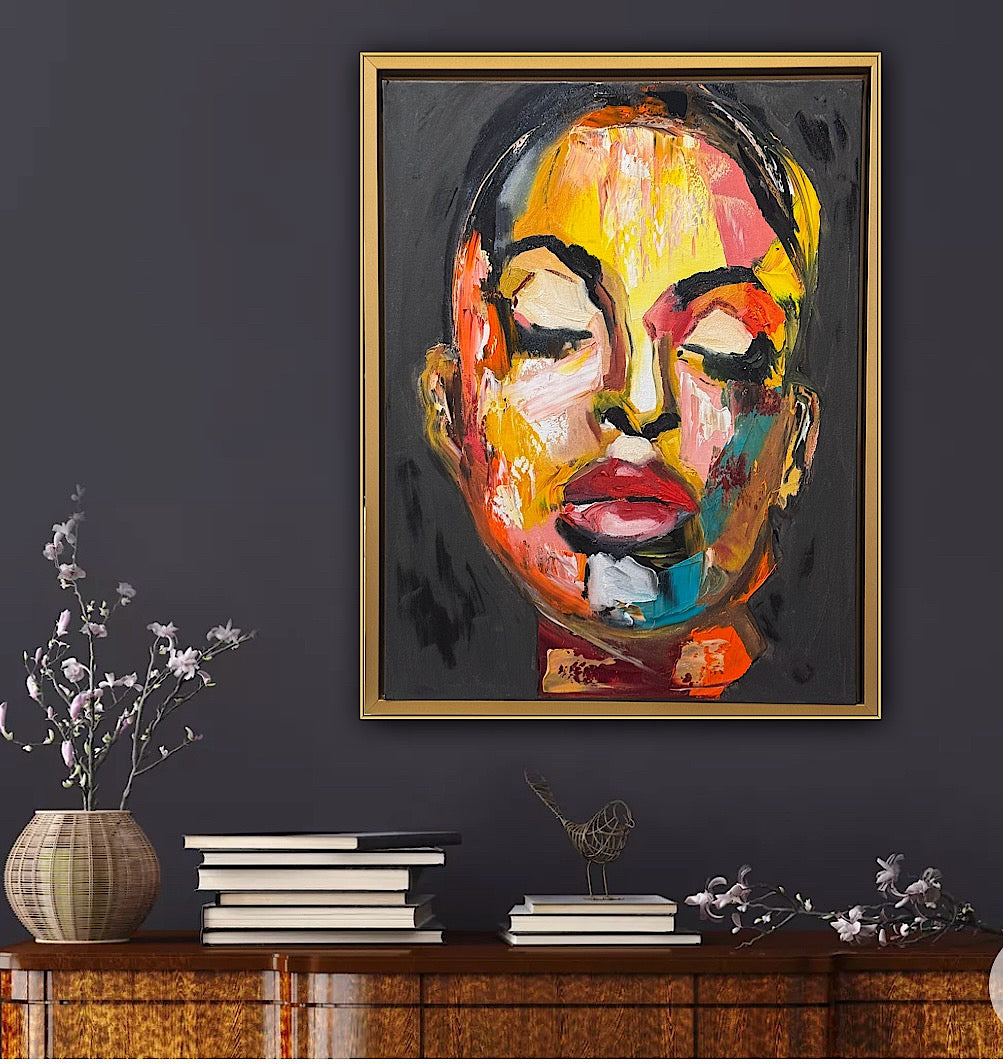 Framed in gold bronze Original Abstract Oil Painting On Canvas 57 x45cm The Beauty Queen’ Girl Oka portrait