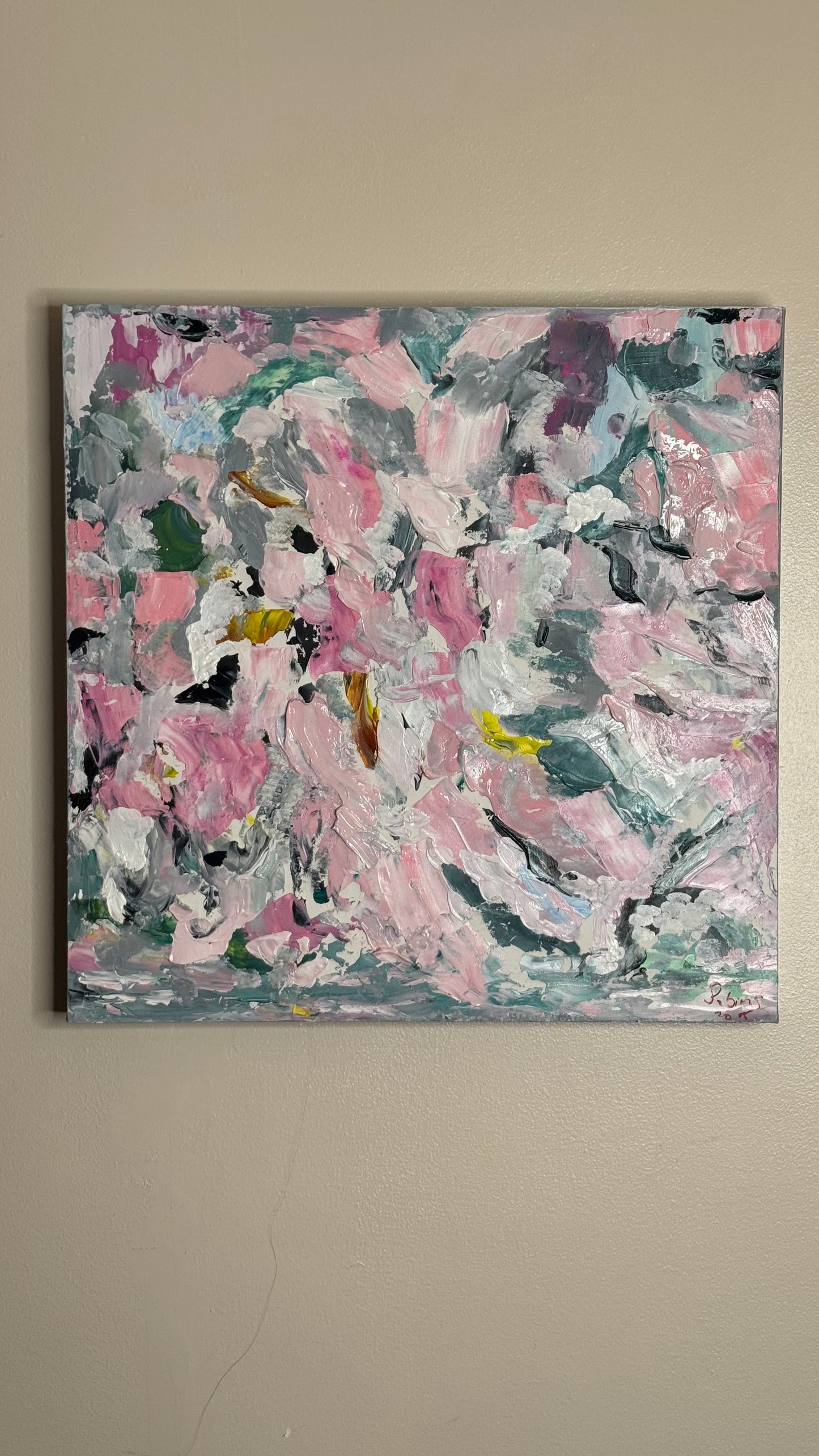 Large Abstract Original Oil Painting On 50x50cm canvas textured Painting ‘Pink Fusion’ Oka framed in solid oak frame
