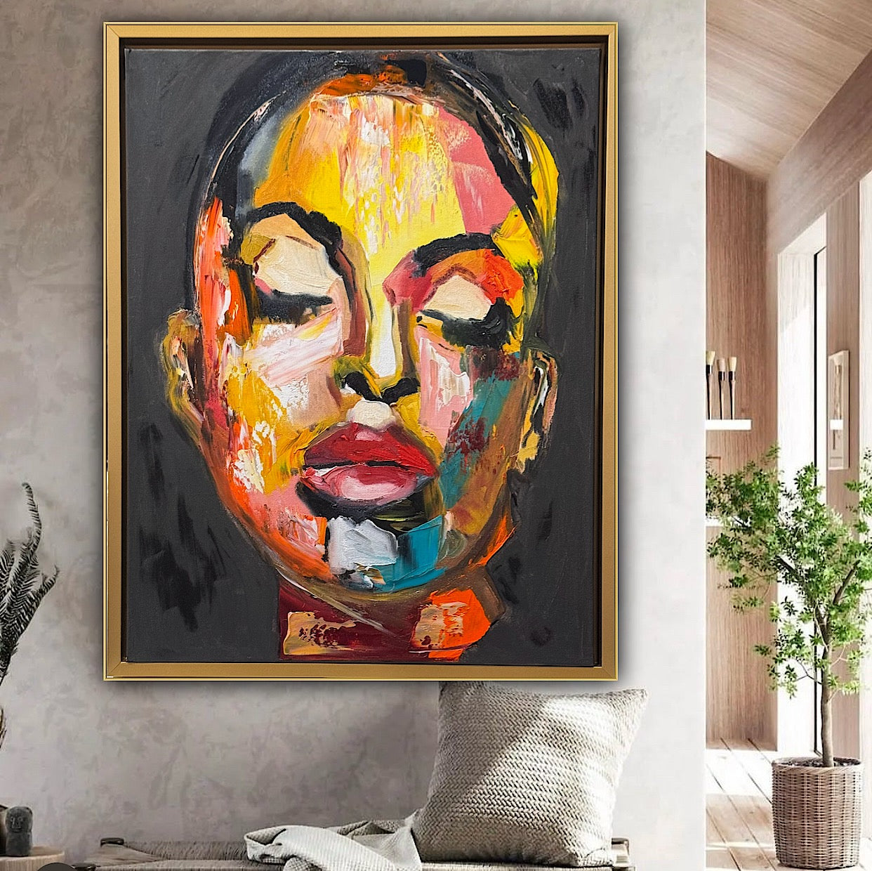 Framed in gold bronze Original Abstract Oil Painting On Canvas 57 x45cm The Beauty Queen’ Girl Oka portrait