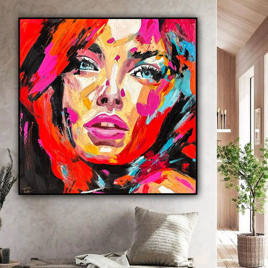 Richter Style Abstract Original Oil Painting On 100 x 100cm canvas Red head  woman portrait framed in black and gold frame