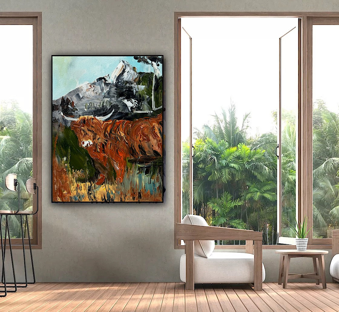 Abstract Original Oil Painting On 30 x 40cm Canvas Aboriginal highland cow ‘Bertie’ animal