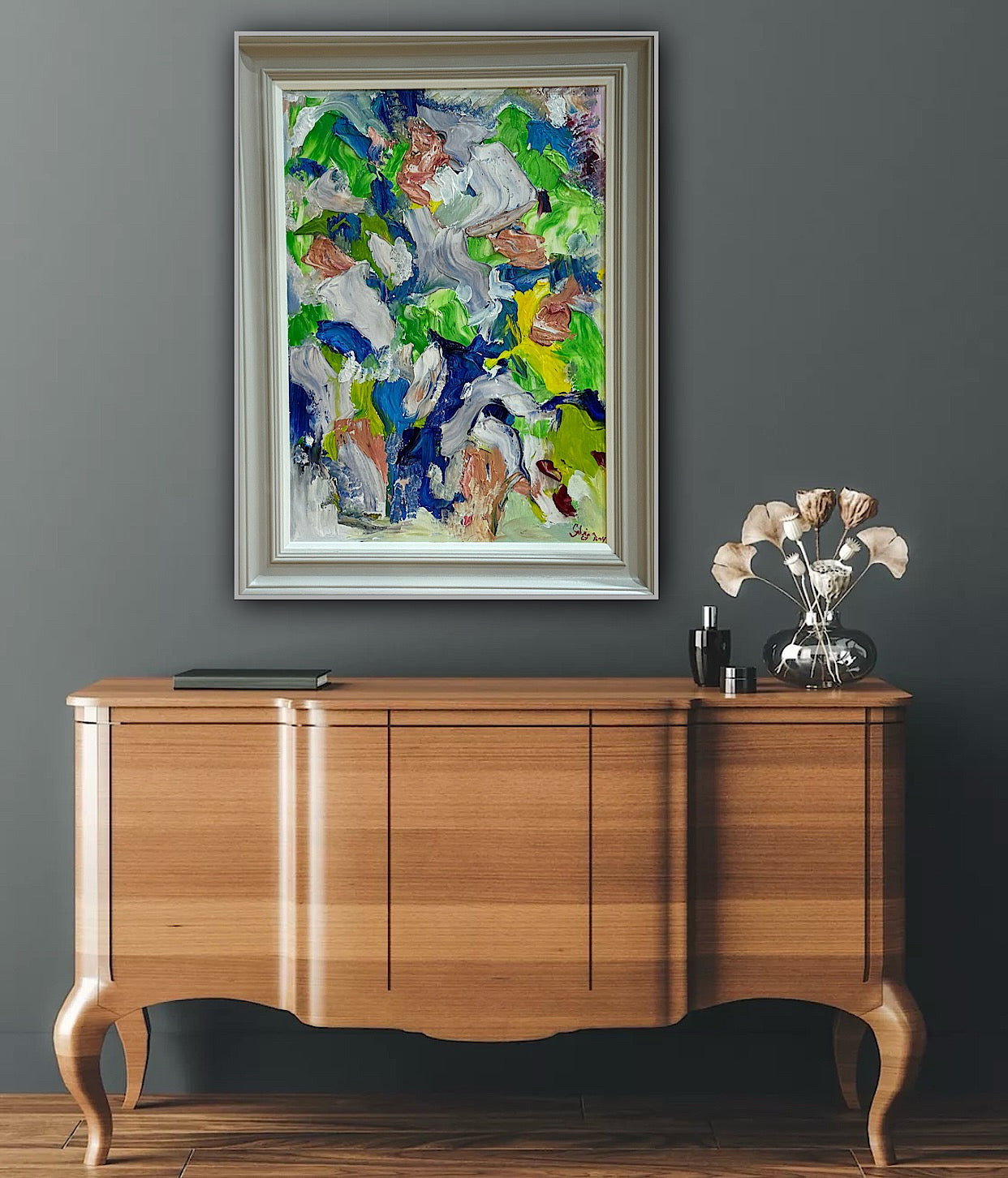 Framed Original Abstract contemporary Oil Painting On Canvas 52x70cm Floral Oka