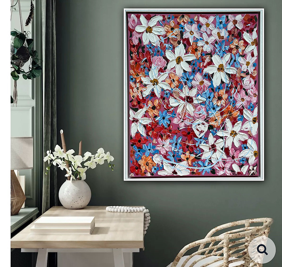 Original Abstract Oil Painting On Canvas 80 x 65cm Daisies in bloom textured framed