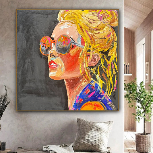 Richter Style Abstract Original Oil Painting On 100 x 100cm canvas Sunshine blondie woman portrait framed in black and gold frame
