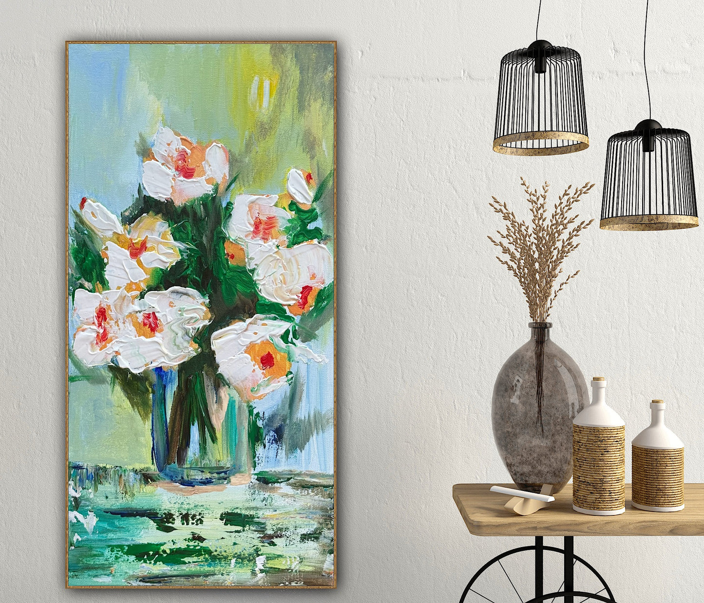 Oka Contemporary Abstract Original Oil Painting on 30cm x 60cm canvas textured White Roses floral love