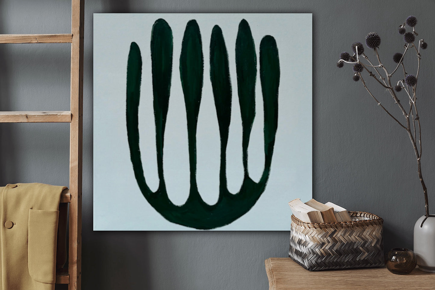 Eferi Plant Green & White Modern Abstract oil Painting On Canvas 40x40cm In Oka floral