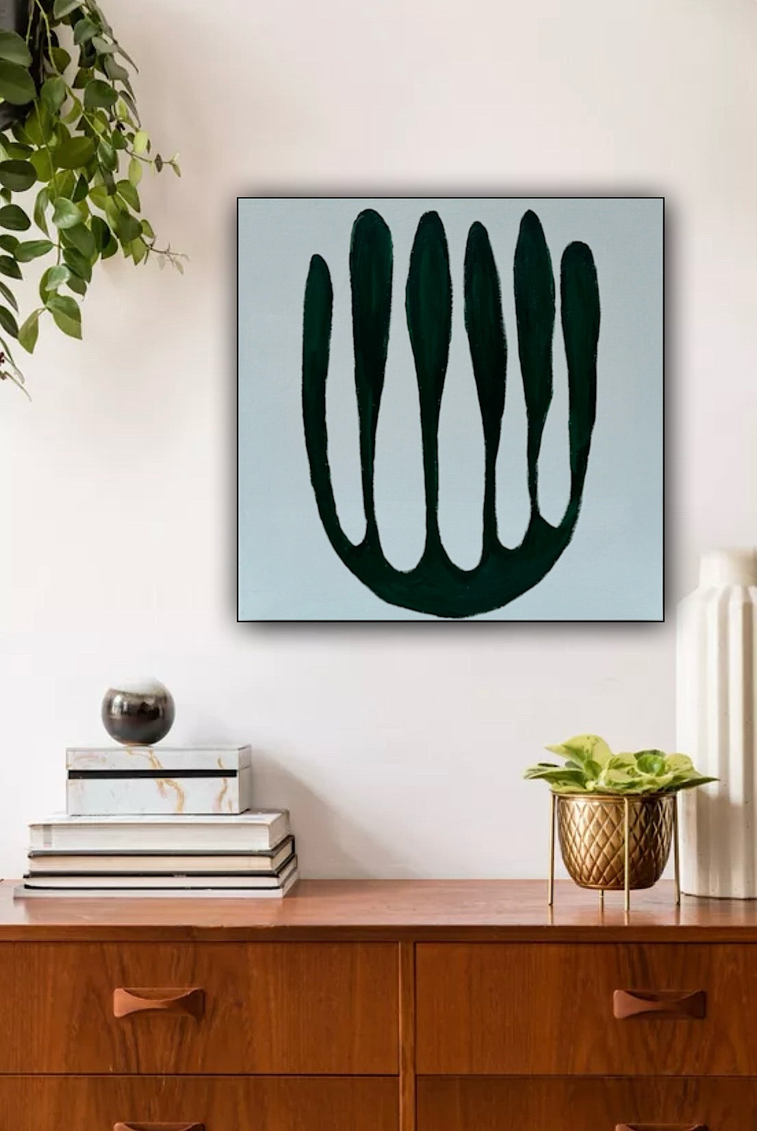 Eferi Plant Green & White Modern Abstract oil Painting On Canvas 40x40cm In Oka floral